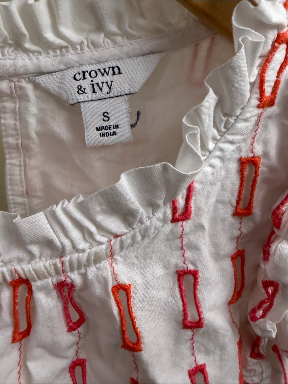 crown & ivy White Top with Pink and Orange Embroidery